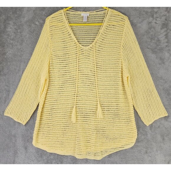 Chico's Tops - Chicos Shirt Womens Size 3 Yellow Open Knit V Neck Tassels 3/4 Sleeve Loose Top